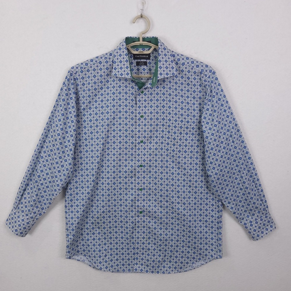 Paul Fredrick Button Down Shirt Mens 16x35 Blue Green Geometric Non-Iron Cotton